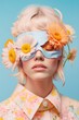 © Uncanny Valley - Love, beautiful girl portrait in pastel vivid, fresh, Spring, flowers, a wreath of flower in the hair of a young woman with face mask through the eyes. Generative AI.