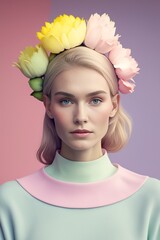 Wall Mural - Love, beautiful girl portrait in pastel vivid, fresh, Spring, flowers, a wreath of flower in the hair of a young woman. Generative AI.
