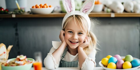 joyful smiling little girl enjoying easter holidays, painted, decorated eggs and bunny ears. spring 