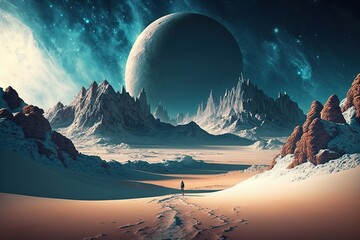 Wall Mural - Fantastic cold landscape of an empty planet. AI