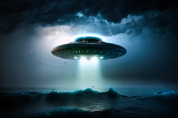 Wall Mural - unidentified flying object UFO hovering above ocean and sea