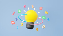 Yellow Light Bulb With Idea Invention Symbols Math, Plus, Minus, Multiplication, Arithmetic Game Learn Counting Number Concept. Floating On Sky Blue Background. Finance Education. 3d Rendering