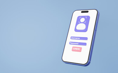 Poster - 3D Login username password on mobile phone. scan face Id unlock app verify identity concept. personal badge, profile name, human resources, driver license, national, staff company. 3d rendering