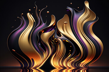 Wall Mural - Abstract liquid background on golden dark background. Colorful vivid color wavy fluid motion flow, rainbow gradient colors.