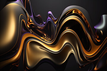 Wall Mural - Abstract liquid background on golden dark background. Colorful vivid color wavy fluid motion flow, rainbow gradient colors.