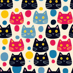 Naklejka na meble Seamless cat funny pattern. Cute cartoon happy cats colorful illustration, doodle design. Kids trendy art background, tile. For childish cloth, textile, fabric, post cards