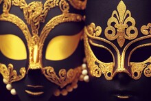 Mardi Gras Or Carnival Mask With Beads On Gold Glowing Background. Venetian Mask. Generative AI