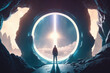 © Iaroslav - A man stands in front of a fantastic space portal. AI generative.