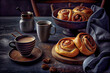 Sweet cinnamon buns, coffee with milk and a book, traditional swedish kanelbullar buns. Generative AI.1