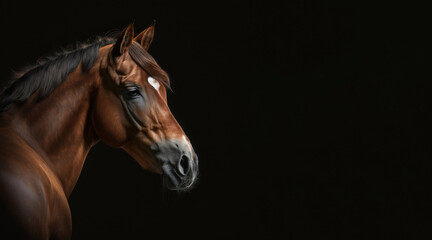 Wall Mural - portrait of a brown horse, photo studio set up with key light, isolated with black background and copy space - generative ai