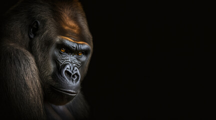 Wall Mural - portrait of a gorilla photo studio set up with key light, isolated with black background and copy  space - generative ai