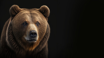 portrait of a brown grizzly bear photo studio set up with key light, isolated with black background 