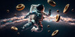 Astronaut in space with donuts. Space donuts. Astronaut with donuts. Dancing astronaut. Funny astronaut. AI generative.