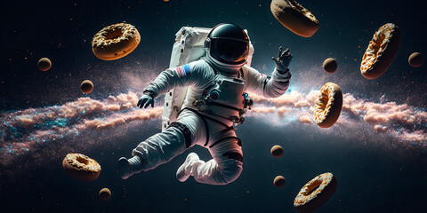 astronaut in space with donuts. space donuts. astronaut with donuts. dancing astronaut. funny astron