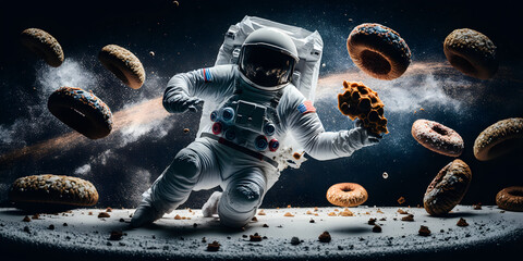 Wall Mural - Astronaut in space with donuts. Space donuts. Astronaut with donuts. Dancing astronaut. Funny astronaut. AI generative.