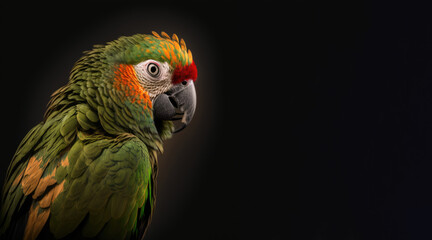 Wall Mural - portrait of a parrot, photo studio set up with key light, isolated with black background and copy space - generative ai