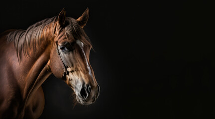 Wall Mural - portrait of a sad brown horse, photo studio set up with key light, isolated with black background and copy space - generative ai
