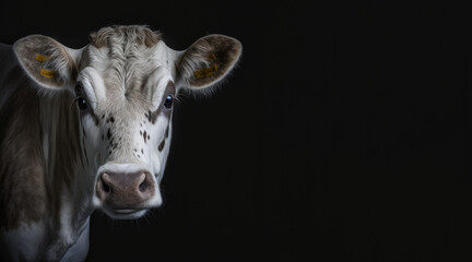Wall Mural - portrait of a sad cow, photo studio set up with key light, isolated with black background and copy space - generative ai