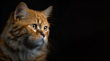 Wall Mural - portrait of a sad ginger cat, photo studio set up with key light, isolated with black background and copy space - generative ai
