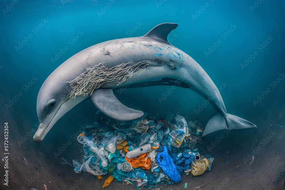 Dolphin Problem Ilustrace Environmental Problem. Ocean pollution concept. The tragic ...