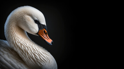Wall Mural - portrait of a white swan, photo studio set up with key light, isolated with black background and copy space - generative ai