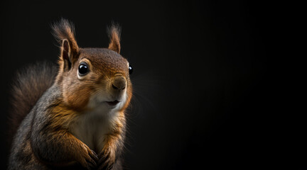 Wall Mural - portrait of a squirrel, photo studio set up with key light, isolated with black background and copy space - generative ai