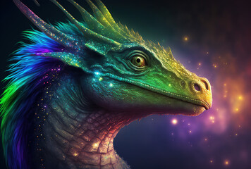 Wall Mural - dragon rainbow hues, celestial background, friendly dragon, esoteric, fantasy, concept of dragon ene