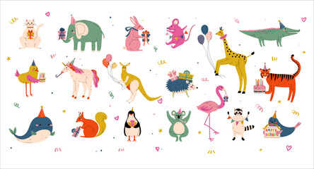 Wall Mural - Set of cute animals birthday cake, presents and balloons. Elephant, tiger, rabbit, giraffe, hedgehog for Happy Birthday design cartoon vector Illustration