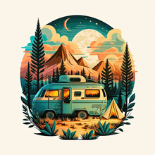Camping Design Illustration , Vintage Vanlife Style, Digital Art. Ai Generative