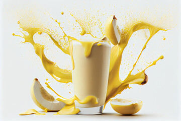 Wall Mural - Abstract composition glass of banana melon juice with splashes on studio background, ai