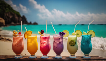 row of fresh fruit juice cocktail beverage on beach with seascape background, idea for happy tropical island travel vacation theme, Generative Ai