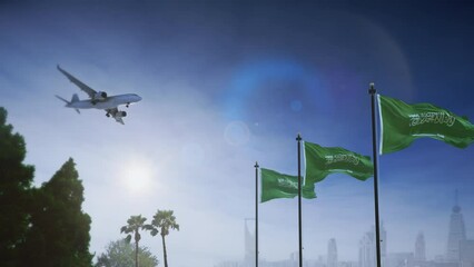 Wall Mural - airplane landing in riyadh, saudi arabia. a generic passenger plane lowering its landing gears appro
