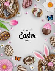 Wall Mural - happy easter background with chocolate eggs in the nests, flowers and butterflies