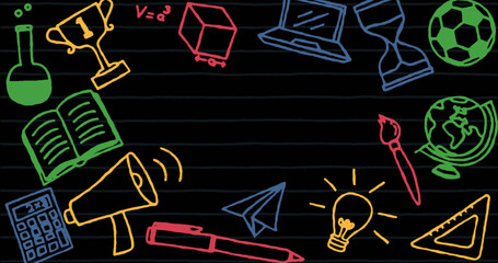 Poster - image of colorful school items icons on black background