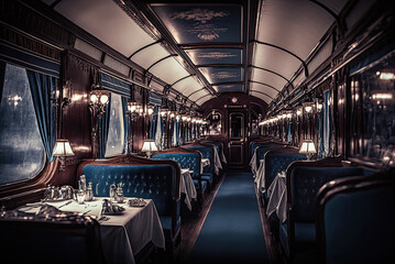 Wall Mural - Train interior, dining car, 19th century, wood, luxury. Generative AI