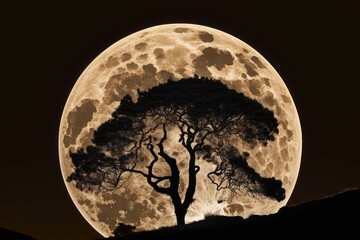 full rising moon at night with silhouette tree on a mountain hill blue moon, harvest moon, halloween