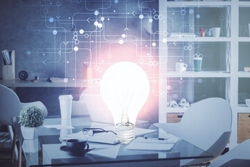 Poster - Double exposure of bulb and office interior background. Concept of idea.