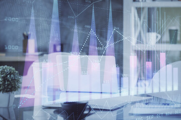 Poster - Double exposure of stock market graph drawing and office interior background. Concept of financial analysis.