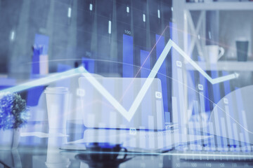 Poster - Double exposure of stock market graph drawing and office interior background. Concept of financial analysis.