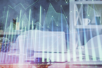 Poster - Double exposure of stock market graph drawing and office interior background. Concept of financial analysis.