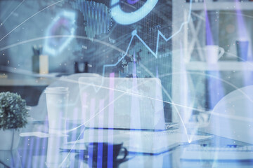 Poster - Double exposure of stock market graph drawing and office interior background. Concept of financial analysis.