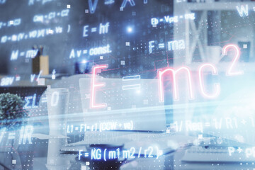 Poster - Double exposure of formulas drawing and office interior background. Concept of education.