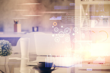 Aufkleber - Double exposure of data theme drawing and office interior background. Concept of technology.