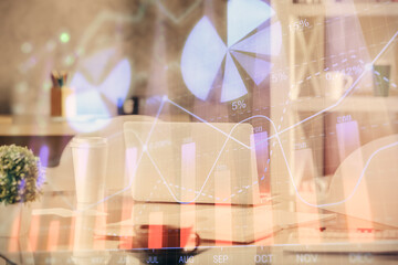 Poster - Double exposure of stock market graph drawing and office interior background. Concept of financial analysis.