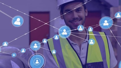 Poster - Animation of network of profile icons over caucasian male worker smiling at warehouse