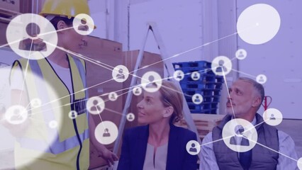 Poster - Animation of network of profiles over team of supervisors and workers discussing over whiteboard