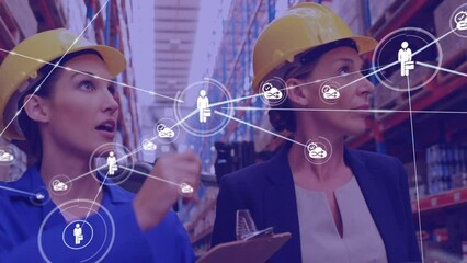Poster - Animation of network of icons on caucasian female supervisor and worker checking stock at warehouse