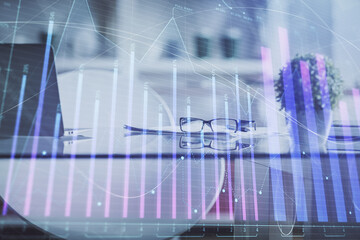 Poster - Double exposure of financial graph drawing and office interior background. Concept of stock market.