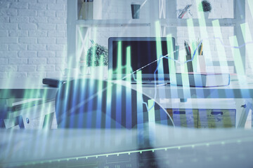 Poster - Double exposure of financial graph drawing and office interior background. Concept of stock market.