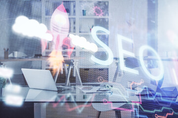 Aufkleber - Double exposure of SEO drawing and office interior background. Concept of Search optimization engine.
